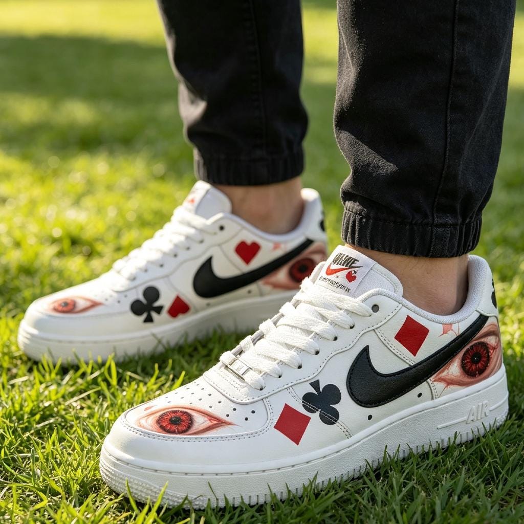 Custom AF1 Surreal Playing Cards Sneakers – Handcrafted Red And Black Suit Kicks – Unique Birthday And Holiday Gift Idea