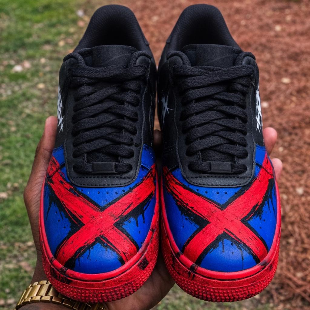 Custom Red&Blue Air Force 1 Reborn Sneakers – Hand Painted Black Streetwear Art Shoes – Alternative Gift For Him And Her