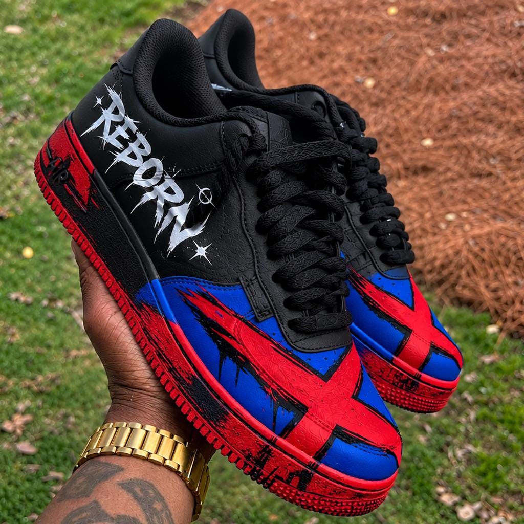 Custom Red&Blue Air Force 1 Reborn Sneakers – Hand Painted Black Streetwear Art Shoes – Alternative Gift For Him And Her