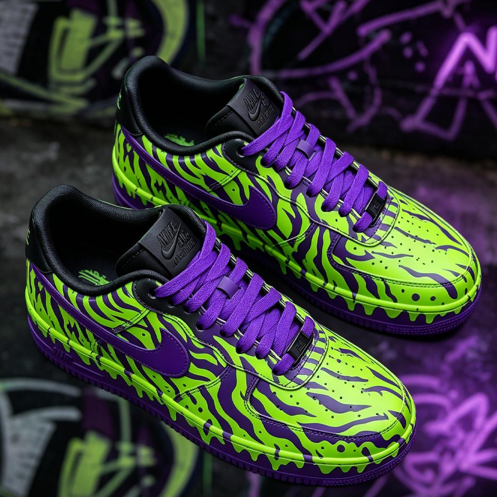 Custom Green&Purple Drip Air Force 1 Sneakers,Hand-Painted Cyberpunk Style AF1 Kicks, Gothic Gift for Him