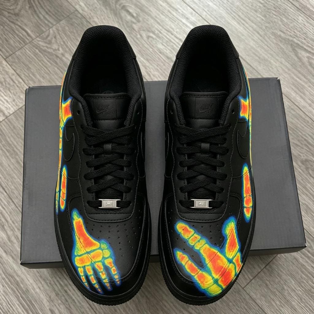 Custom Air Force 1, Thermal X-Ray Skeleton AF1 Sneakers, Hand Painted Black Kicks, Anatomy Footwear, Unique Gift for Him Her