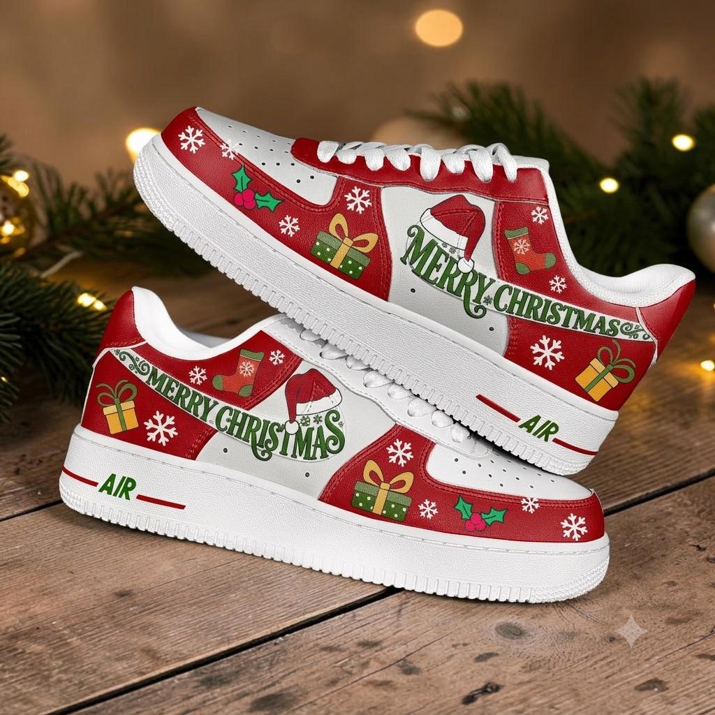 Custom Merry Christmas Design AF1 Sneakers | Hand Painted Streetwear Footwear