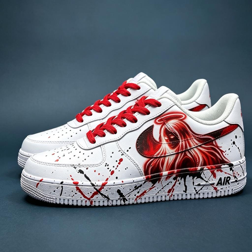 Customized White Air Force 1,Hand-Painted Red Angel Sneakers,Red&Black Splash Shoes,Gothic Dark Style AF1,A Unique Gift For Him/Her