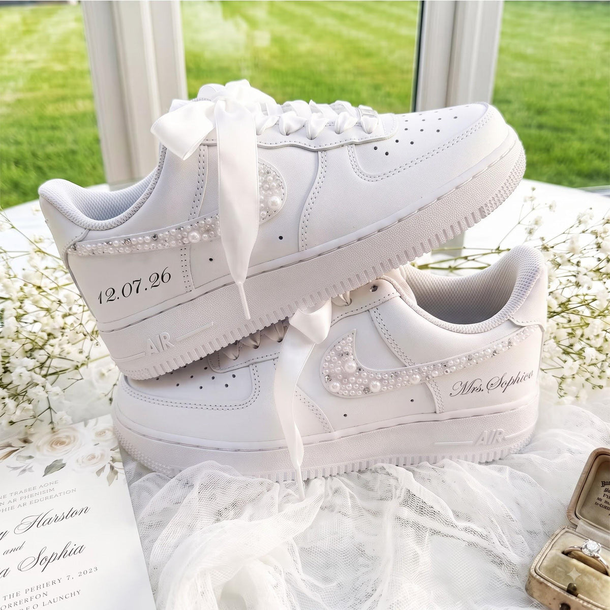 Bridal Sneakers Pearl Rhinestone, White Wedding Shoes for Bride, Custom Personalized Reception Gift