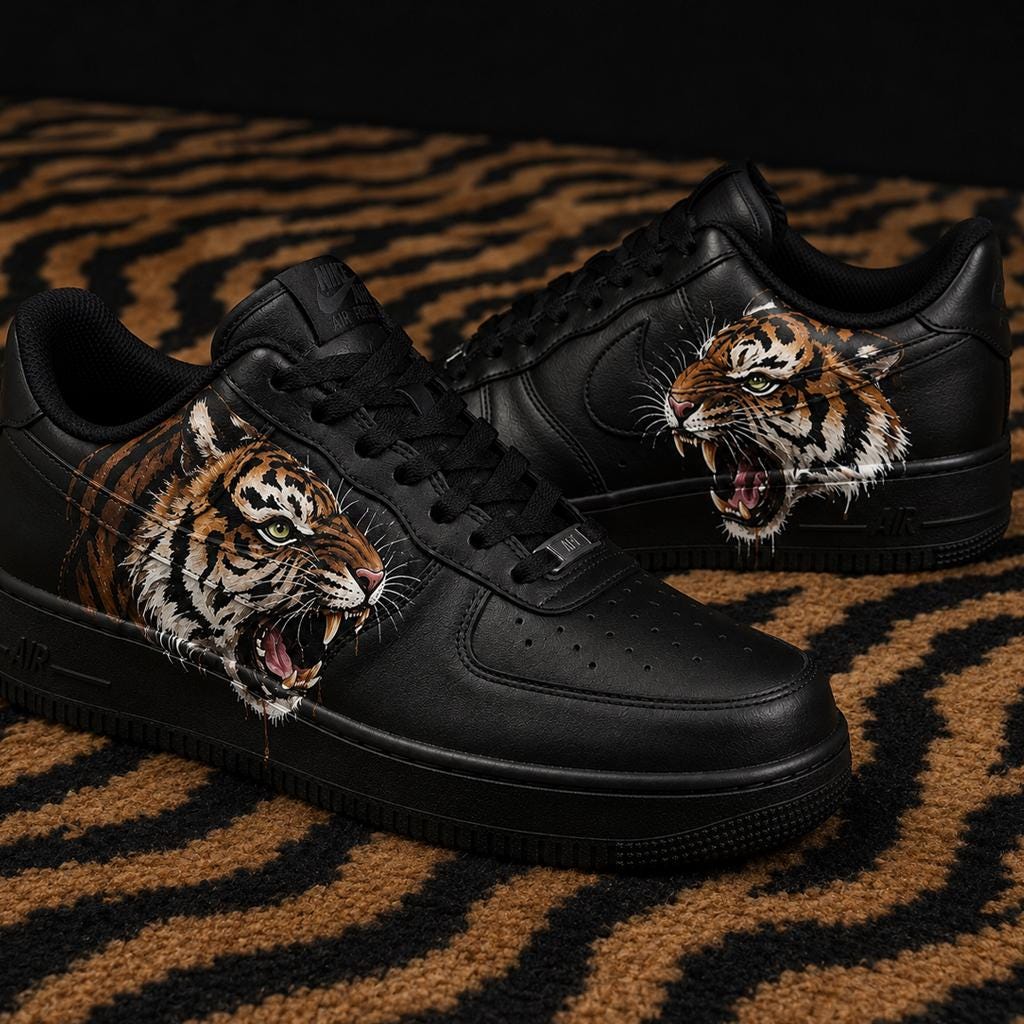 Custom Black Air Force 1, Hand Painted Tiger Sneakers,Bold Style Streetwear, Hand Painted Animal Shoes Gift for Him