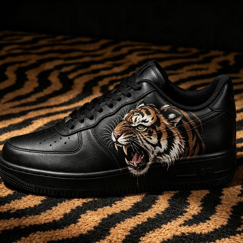 Custom Black Air Force 1, Hand Painted Tiger Sneakers,Bold Style Streetwear, Hand Painted Animal Shoes Gift for Him