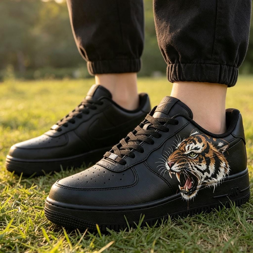 Custom Black Air Force 1, Hand Painted Tiger Sneakers,Bold Style Streetwear, Hand Painted Animal Shoes Gift for Him