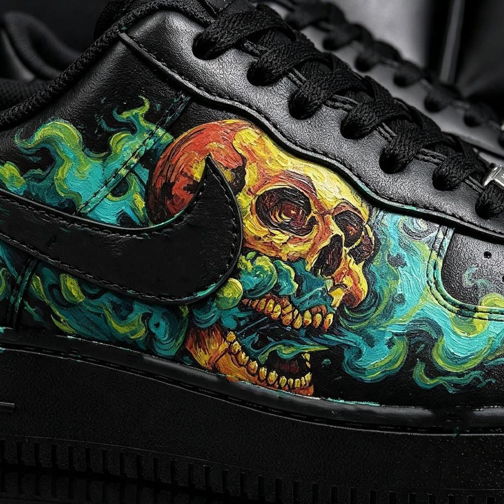 Custom Skull Air Force 1 Sneakers, Hand Painted Skull Shoes, Gothic Smoke Art Footwear, Unique Birthday Gift for Him
