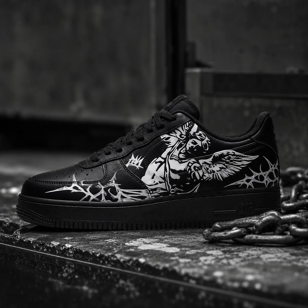 Custom Black Air Force 1,Hand Painted Angel Sneakers, Gothic Wing Art Footwear, Unique Birthday Gift for Him