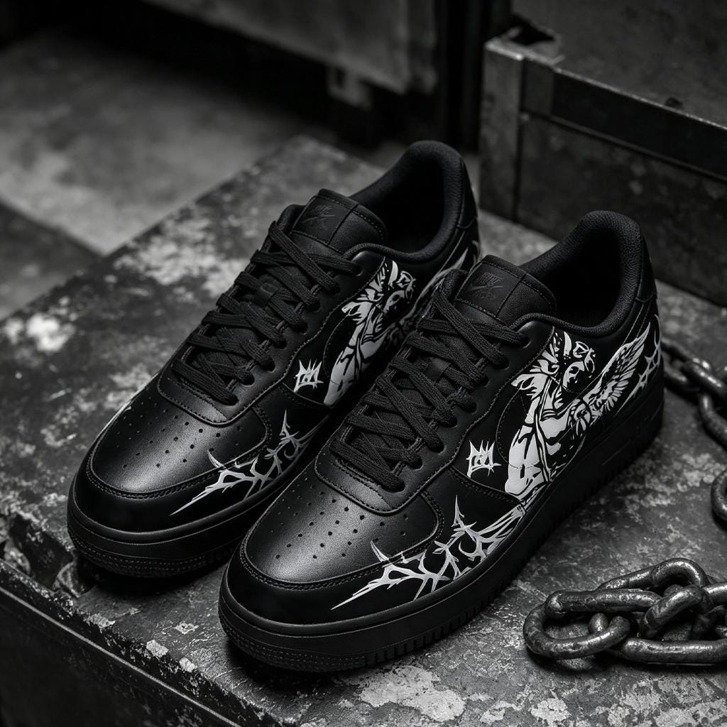 Custom Black Air Force 1,Hand Painted Angel Sneakers, Gothic Wing Art Footwear, Unique Birthday Gift for Him