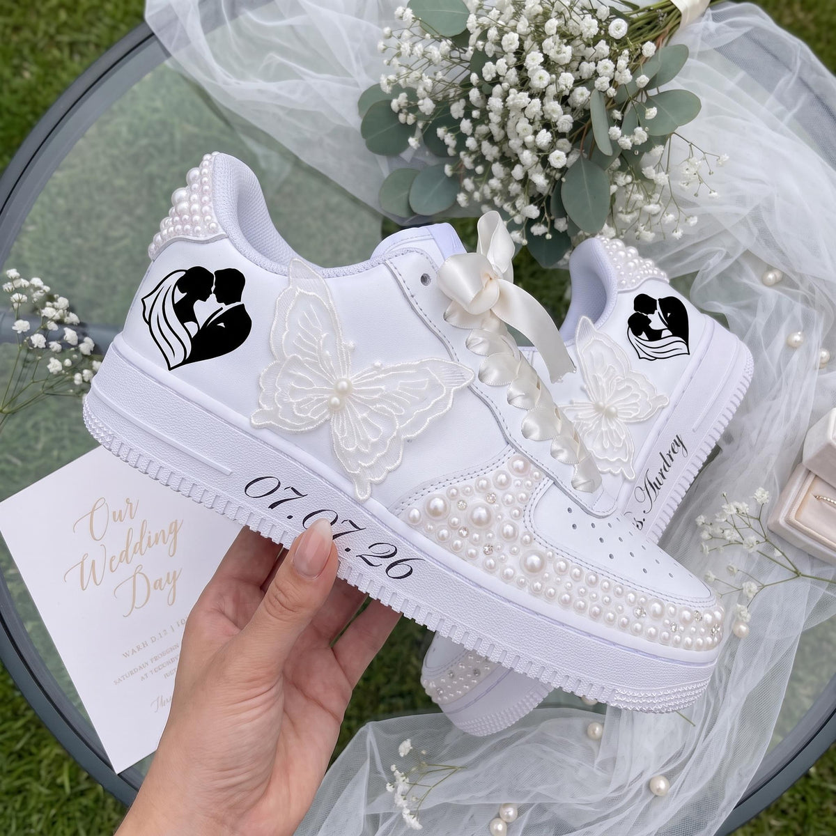 Bridal Sneakers Pearl Butterfly, Personalized Wedding Shoes for Bride, Custom Name Date trainers