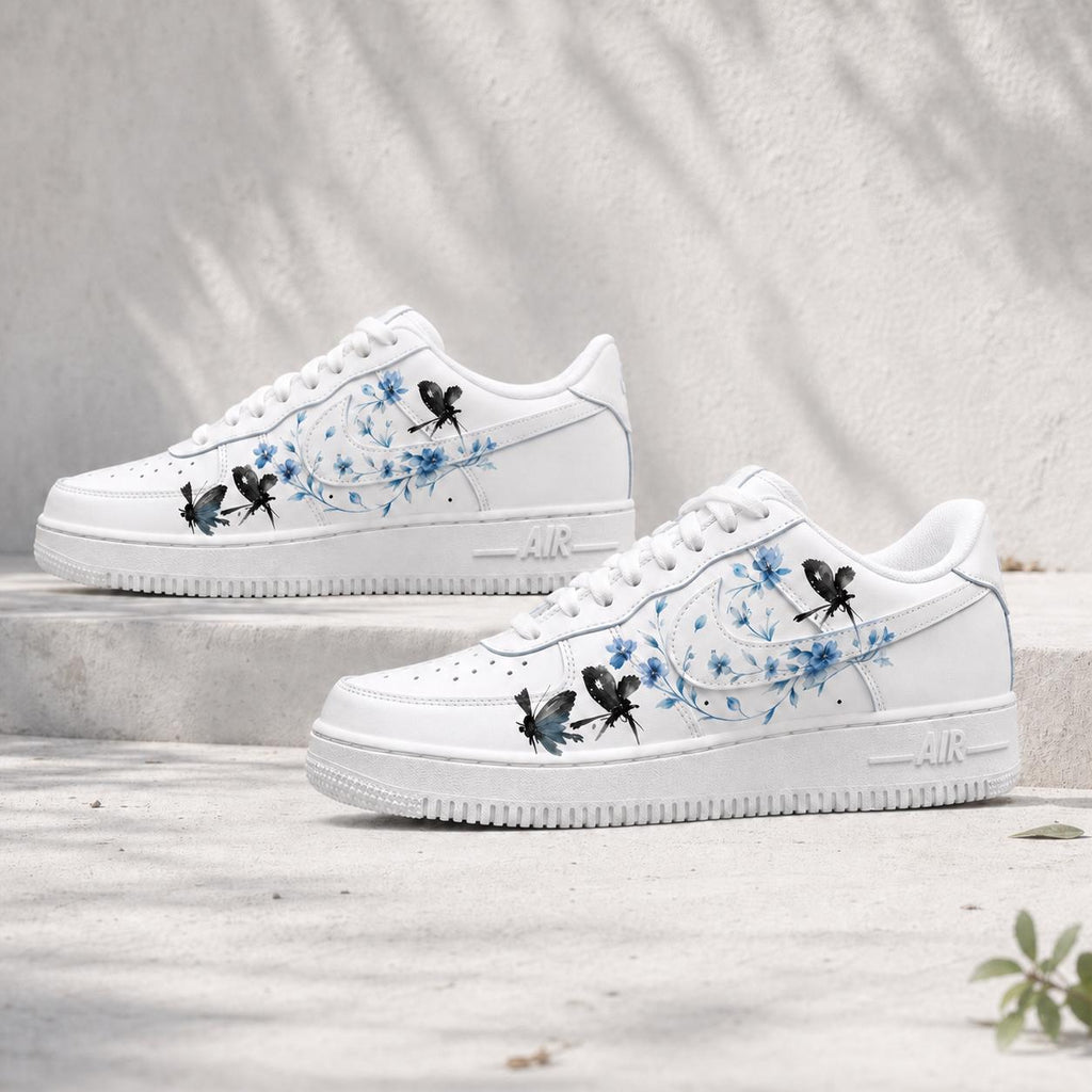 Customized blue butterfly AF1, hand-painted blue flower shoes, ink style customized shoe gift for daughter’s birthday
