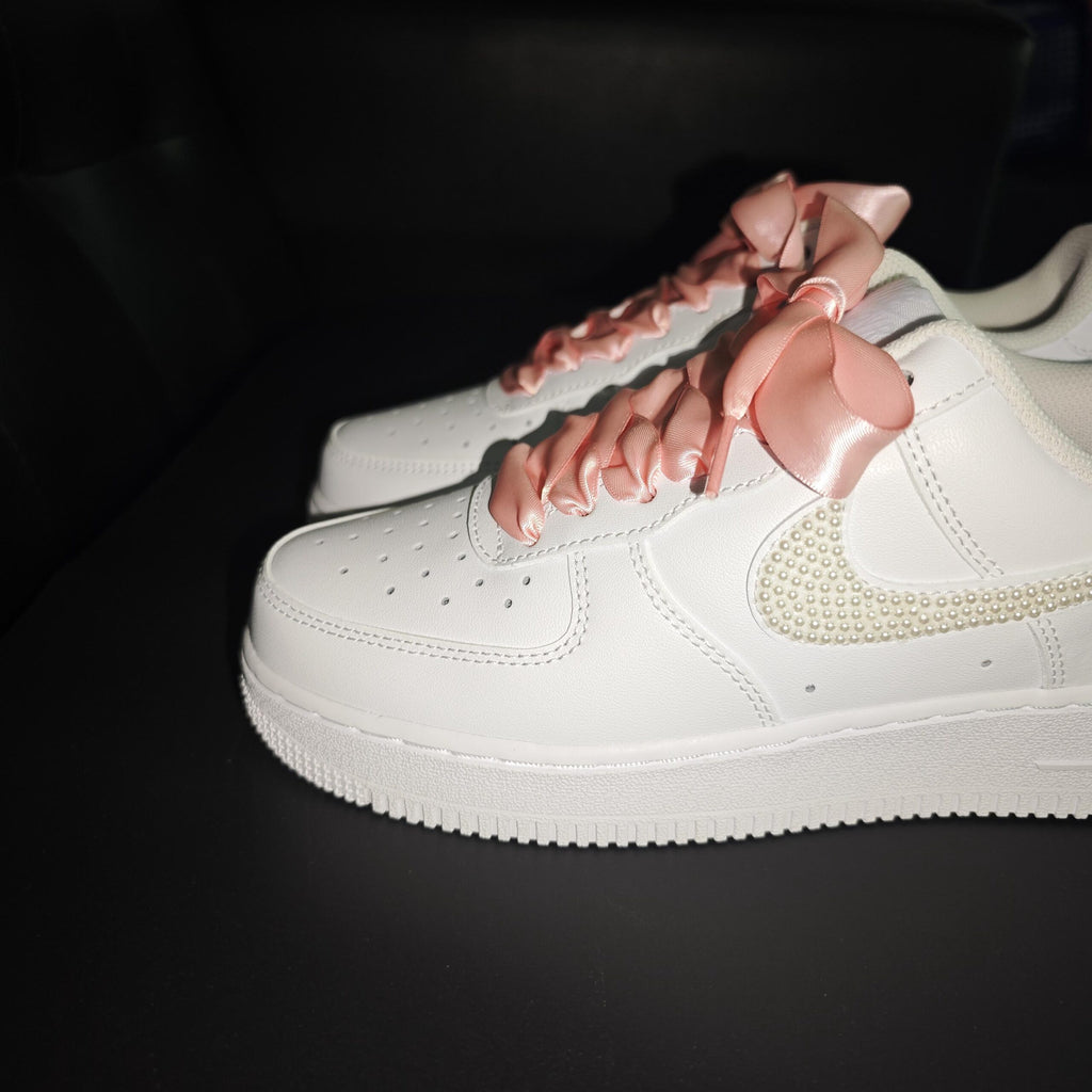 Custom Pearl Air Force 1 – Wedding Sneakers with Ribbon Bows,Luxury Pearl Swoosh Shoes,Gift for her