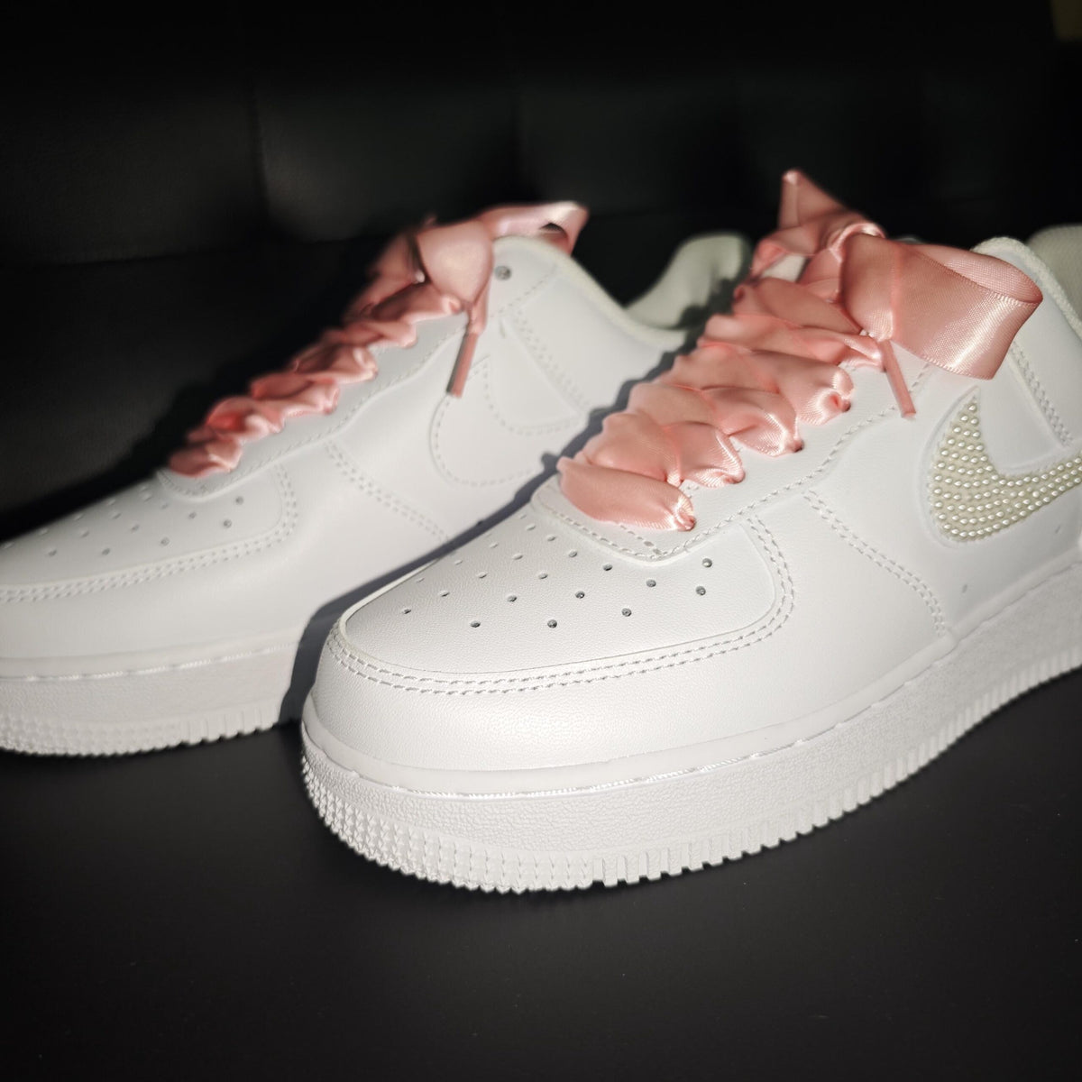 Custom Pearl Air Force 1 – Wedding Sneakers with Ribbon Bows,Luxury Pearl Swoosh Shoes,Gift for her