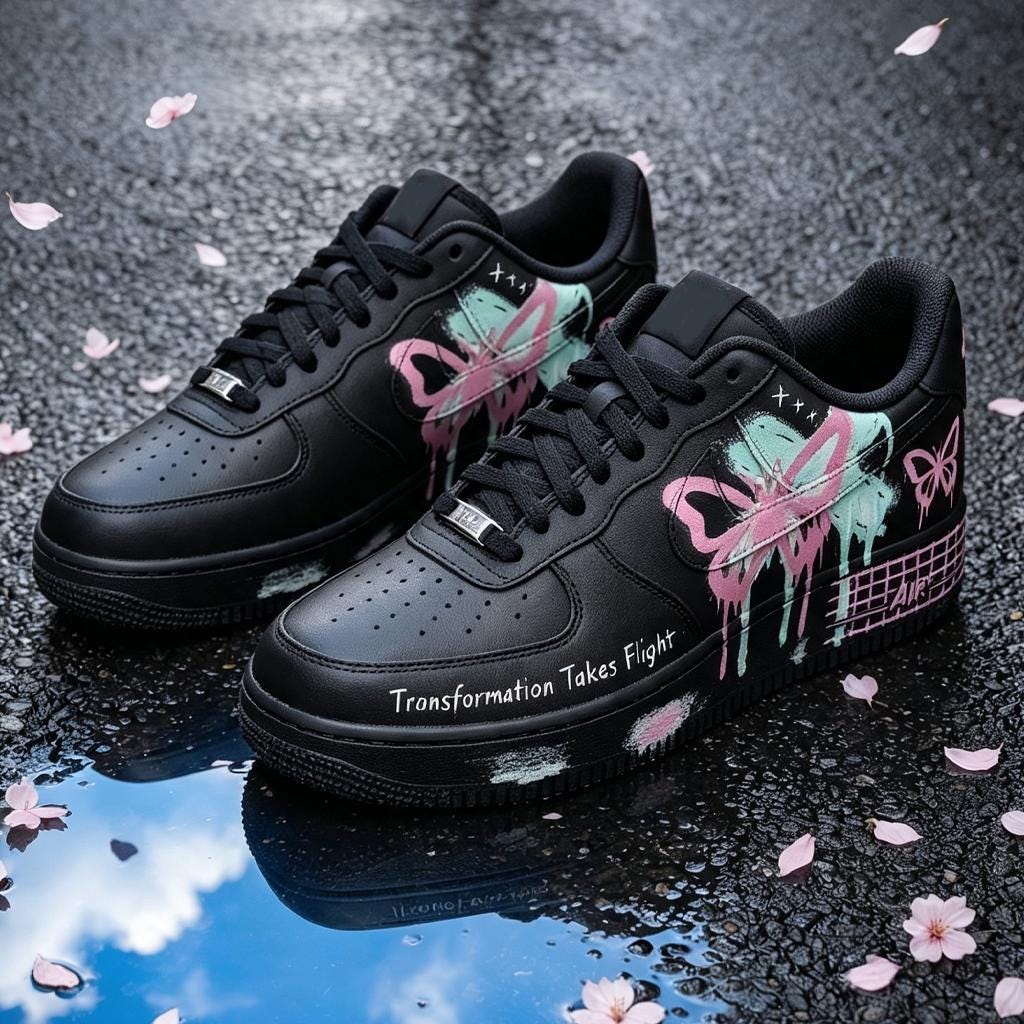 Customized black Air Force One, hand-painted butterfly & dripping sneakers, by2 style custom shoes, birthday gift for daughter