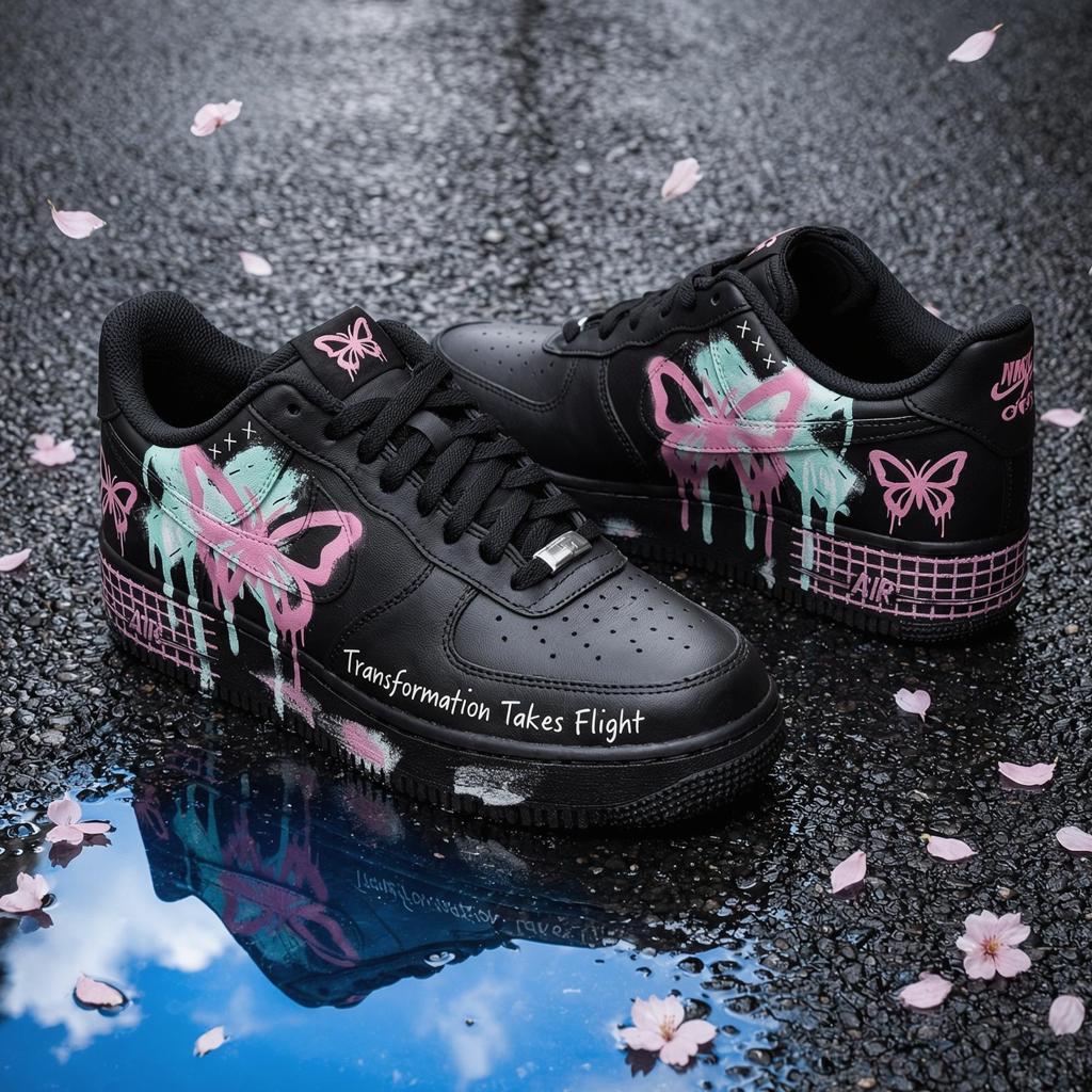 Customized black Air Force One, hand-painted butterfly & dripping sneakers, by2 style custom shoes, birthday gift for daughter