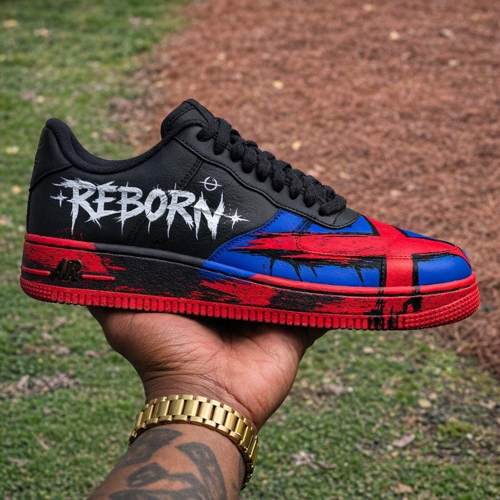 Custom Red&Blue Air Force 1 Reborn Sneakers – Hand Painted Black Streetwear Art Shoes – Alternative Gift For Him And Her