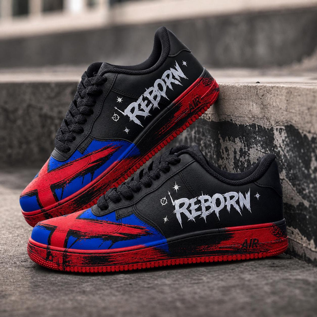 Custom Red&Blue Air Force 1 Reborn Sneakers – Hand Painted Black Streetwear Art Shoes – Alternative Gift For Him And Her