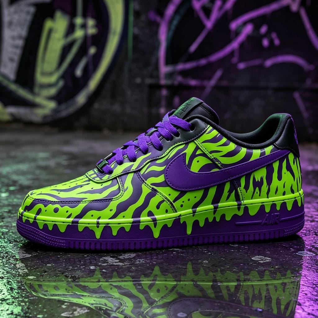 Custom Green&Purple Drip Air Force 1 Sneakers,Hand-Painted Cyberpunk Style AF1 Kicks, Gothic Gift for Him