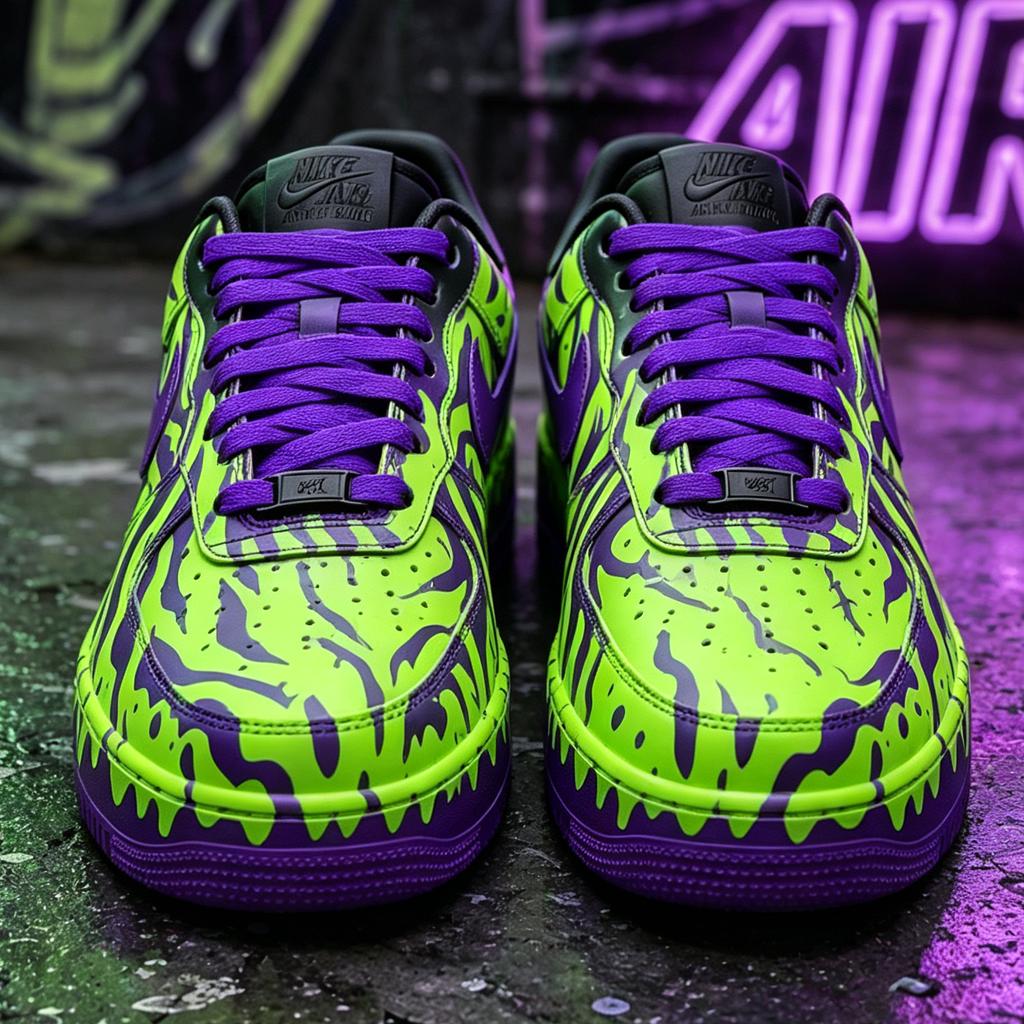 Custom Green&Purple Drip Air Force 1 Sneakers,Hand-Painted Cyberpunk Style AF1 Kicks, Gothic Gift for Him