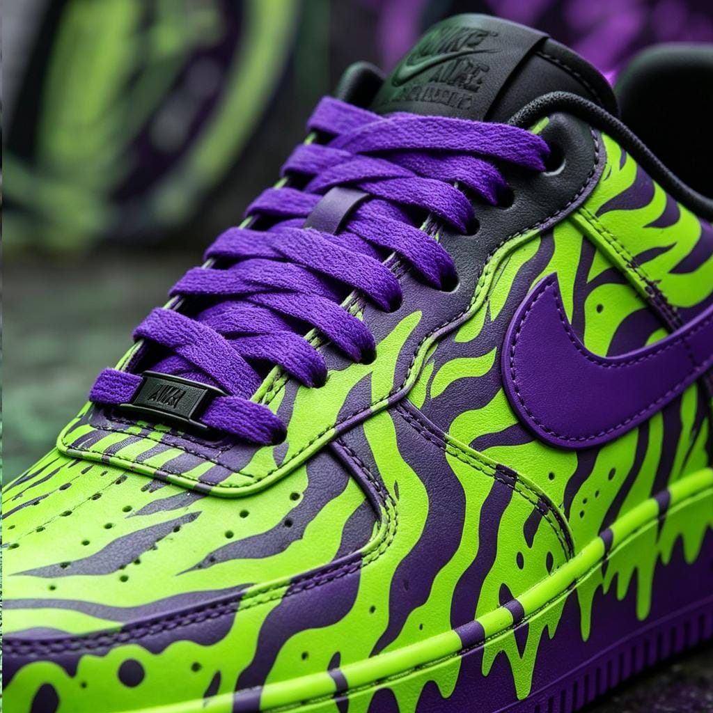 Custom Green&Purple Drip Air Force 1 Sneakers,Hand-Painted Cyberpunk Style AF1 Kicks, Gothic Gift for Him