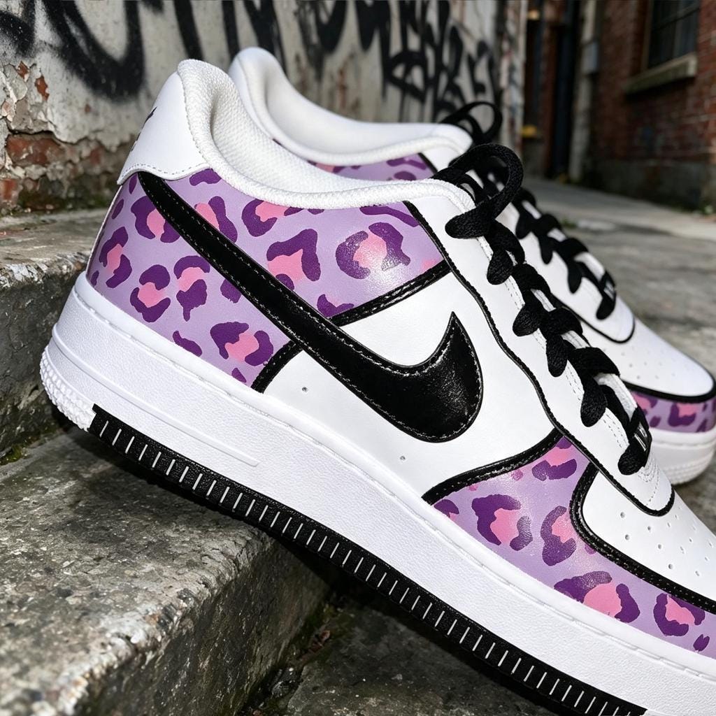 Custom White Air Force 1, Hand Painted Sneakers Purple Leopard Print Custom Shoes Unique Streetwear Footwear,Gift for Her
