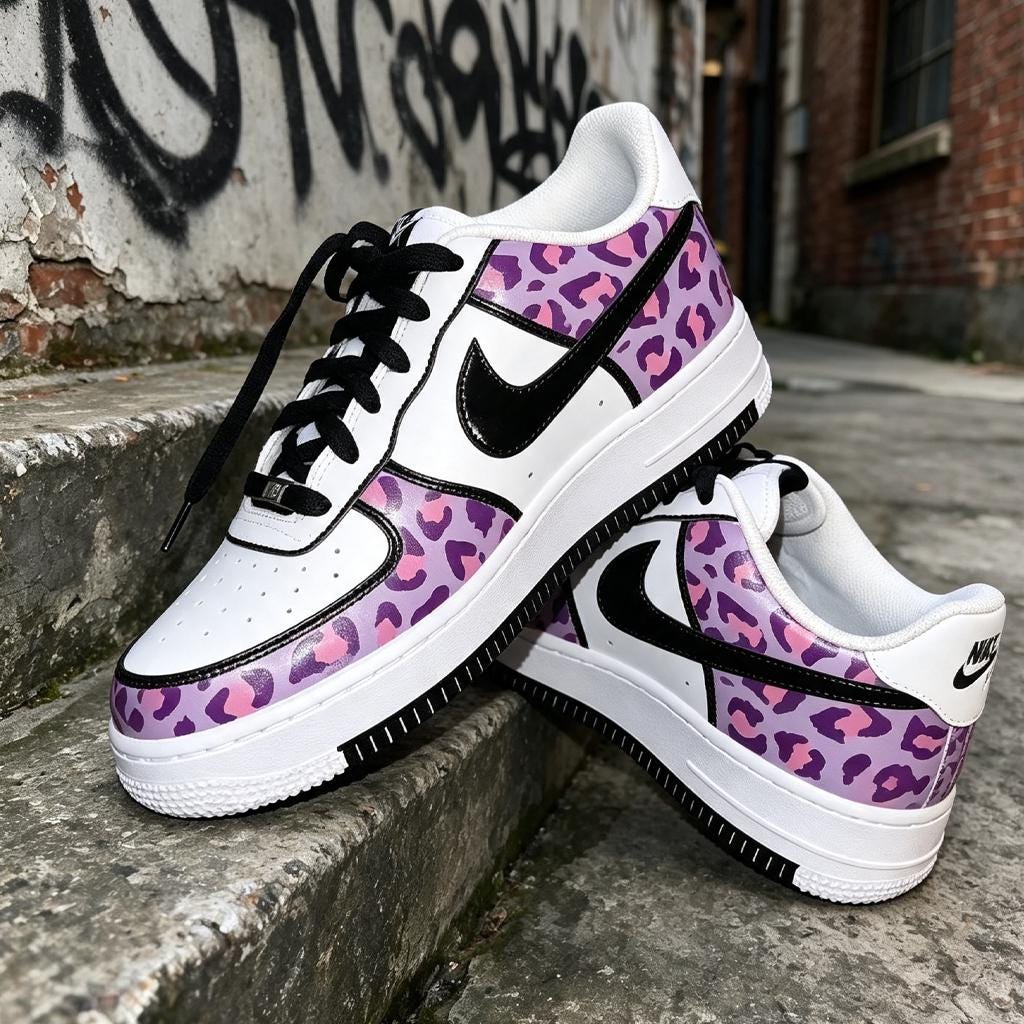 Custom White Air Force 1, Hand Painted Sneakers Purple Leopard Print Custom Shoes Unique Streetwear Footwear,Gift for Her