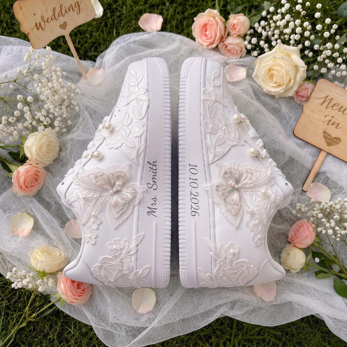 Wedding Sneakers Lace Pearl, White Bridal Shoes for Bride, Personalized Reception Sneakers