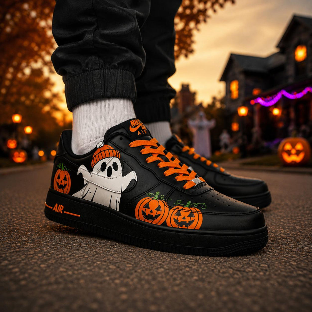 Custom Halloween Ghost Pumpkin Air Force 1 Sneakers, Hand Painted Halloween Ghost AF1 Shoes, Halloween Custom Sneakers, Halloween Gift