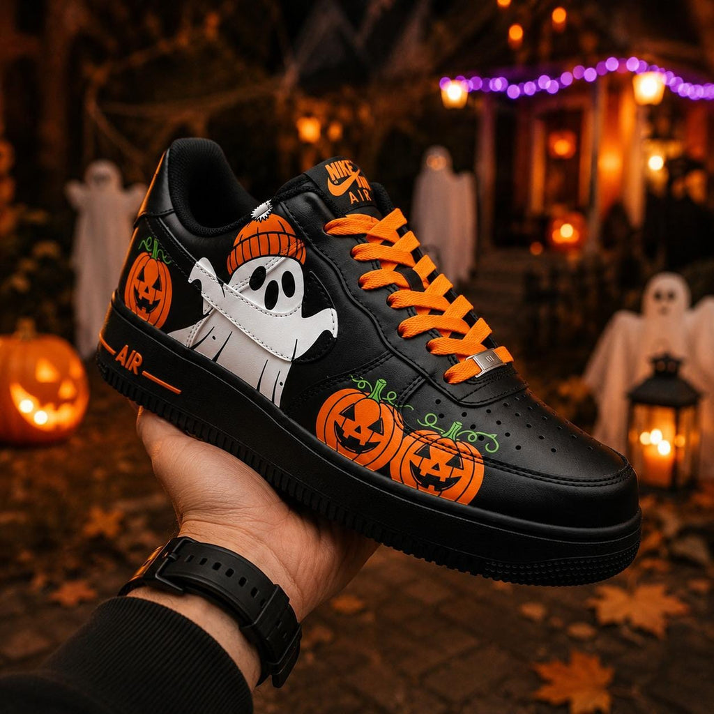 Custom Halloween Ghost Pumpkin Air Force 1 Sneakers, Hand Painted Halloween Ghost AF1 Shoes, Halloween Custom Sneakers, Halloween Gift