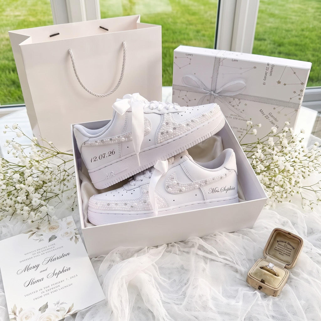 Bridal Sneakers Pearl Rhinestone, White Wedding Shoes for Bride, Custom Personalized Reception Gift