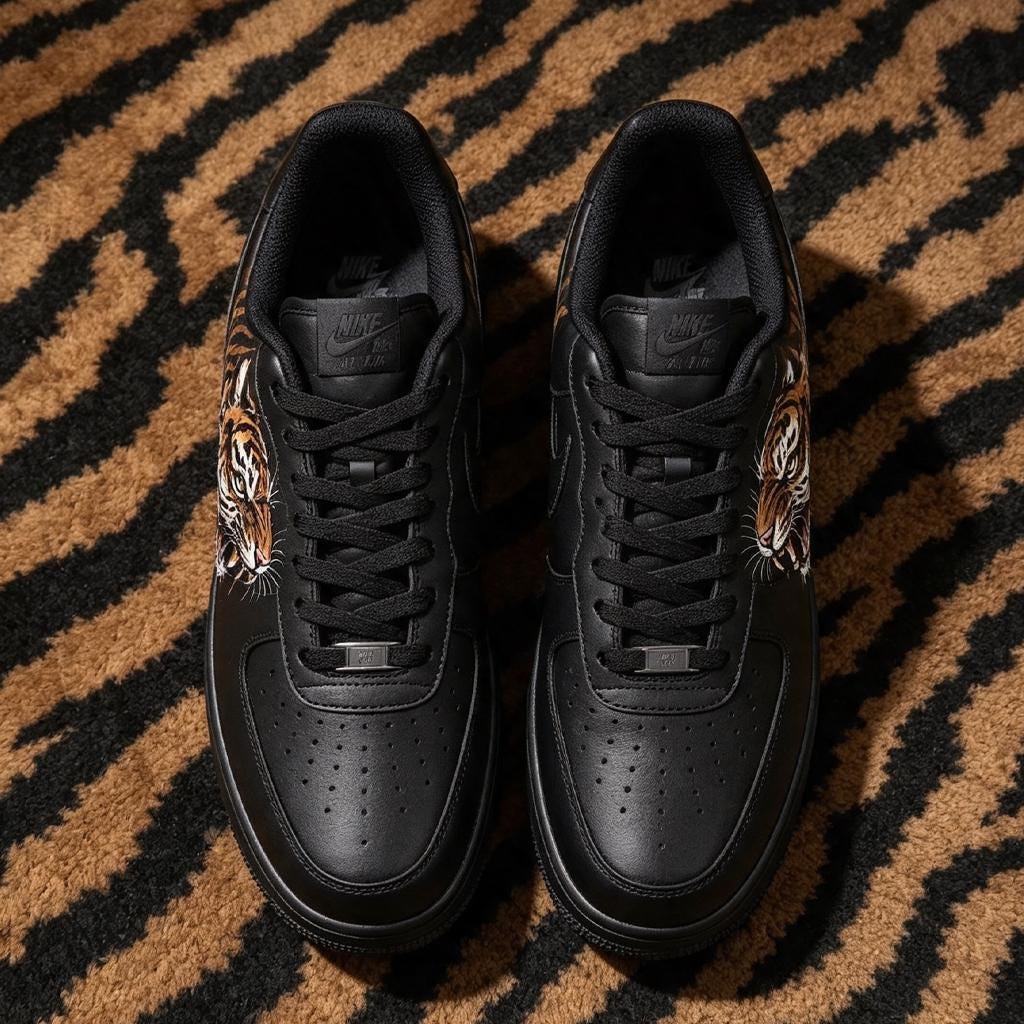 Custom Black Air Force 1, Hand Painted Tiger Sneakers,Bold Style Streetwear, Hand Painted Animal Shoes Gift for Him