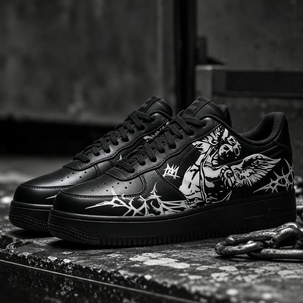 Custom Black Air Force 1,Hand Painted Angel Sneakers, Gothic Wing Art Footwear, Unique Birthday Gift for Him