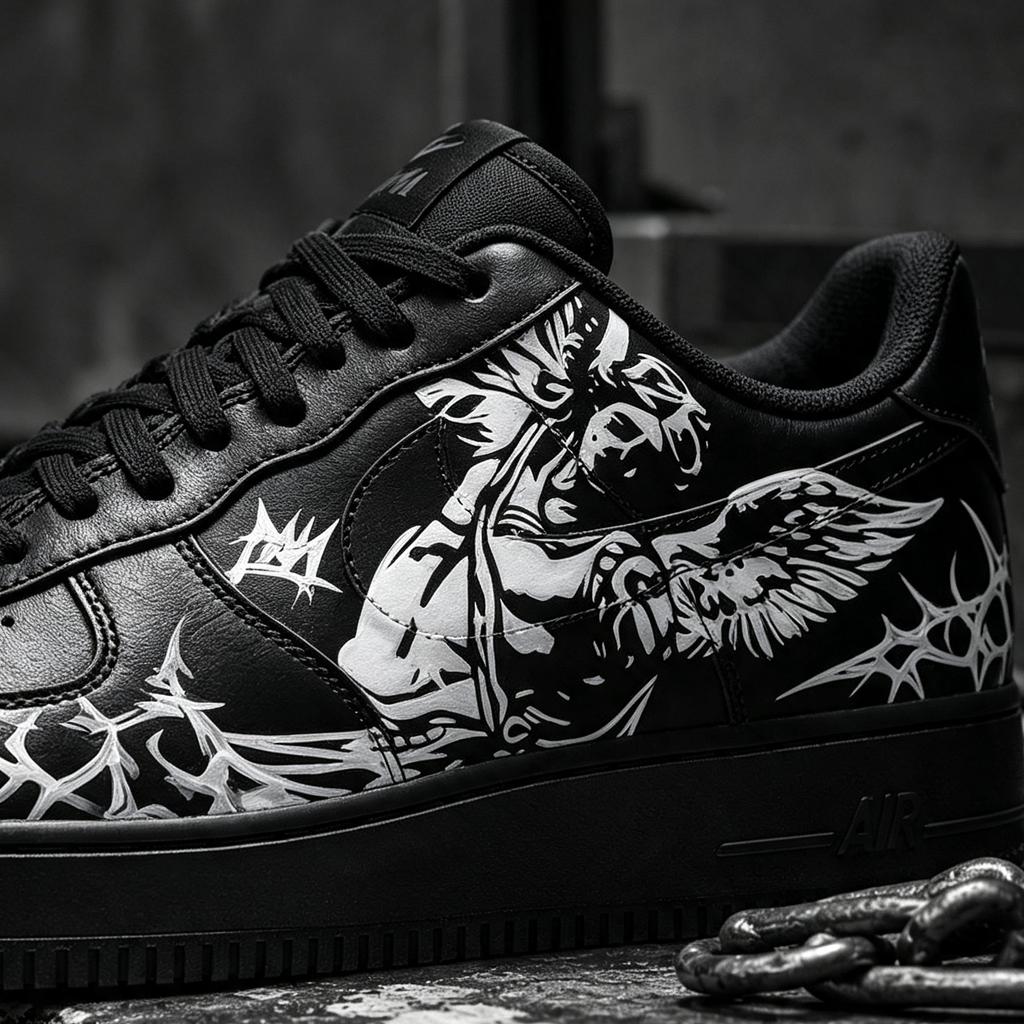 Custom Black Air Force 1,Hand Painted Angel Sneakers, Gothic Wing Art Footwear, Unique Birthday Gift for Him