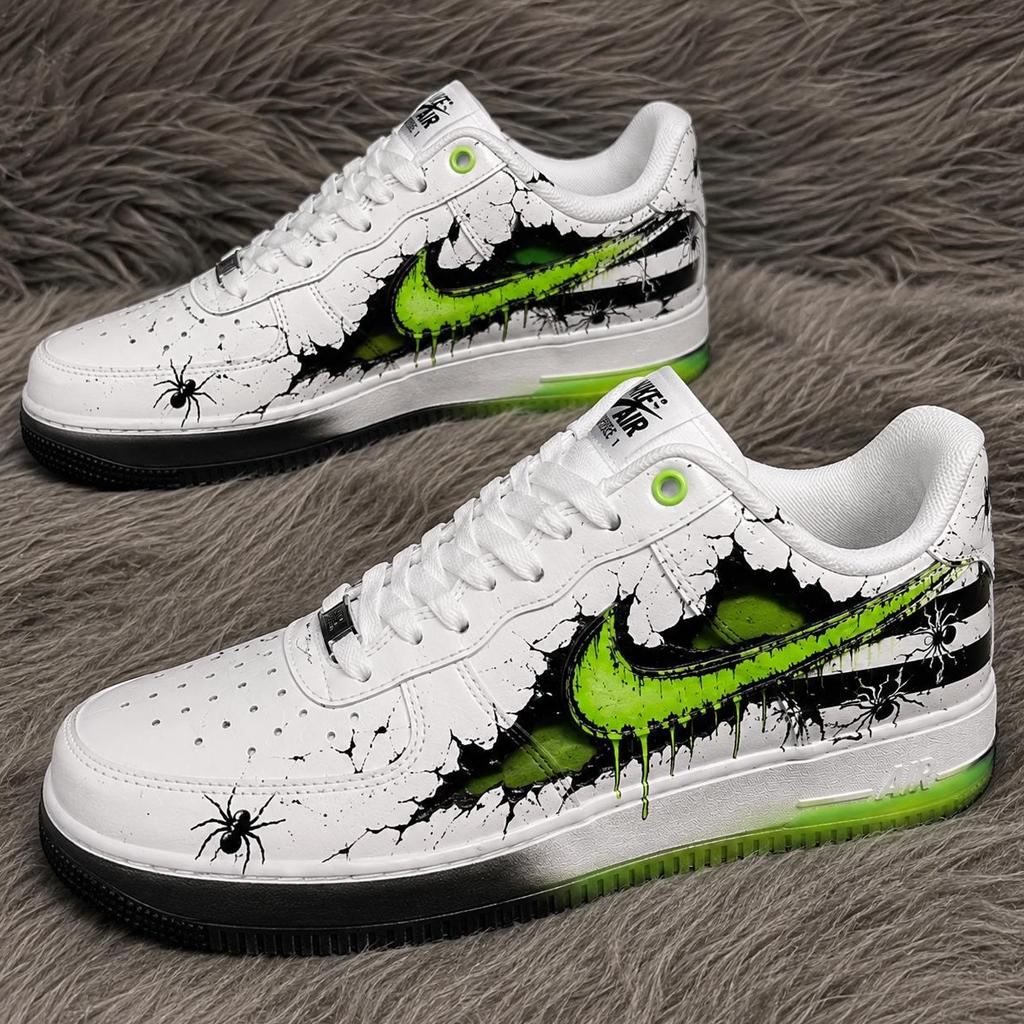 Custom White Air Force 1, Hand Painted 3D Crack Effect Shoes,Greem Streetwear Kicks Custom Design Shoes Gift For Him