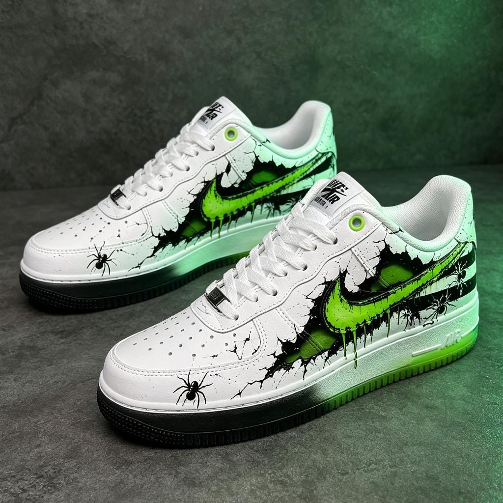 Custom White Air Force 1, Hand Painted 3D Crack Effect Shoes,Greem Streetwear Kicks Custom Design Shoes Gift For Him