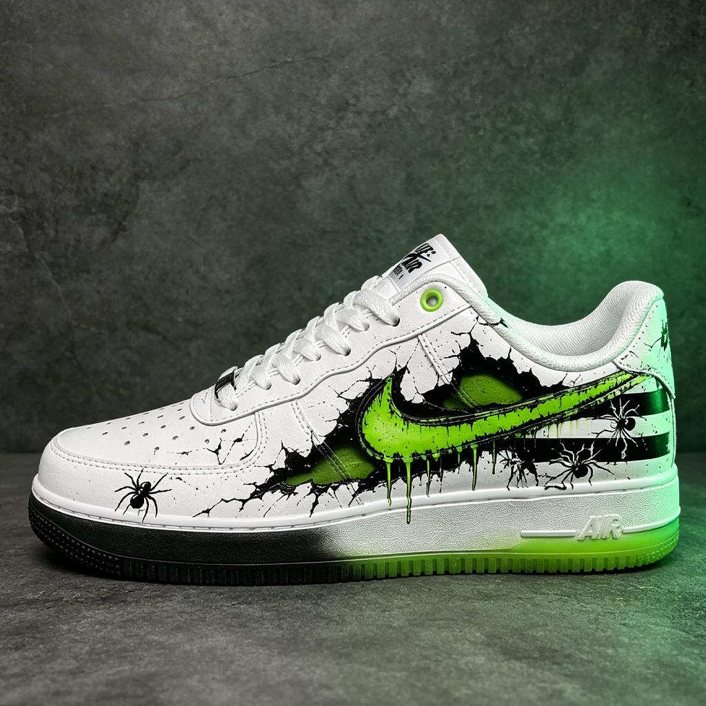 Custom White Air Force 1, Hand Painted 3D Crack Effect Shoes,Greem Streetwear Kicks Custom Design Shoes Gift For Him