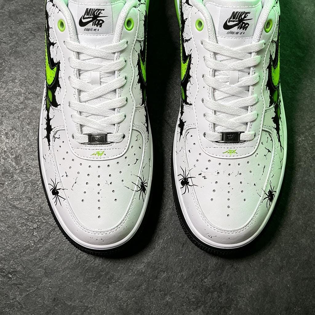 Custom White Air Force 1, Hand Painted 3D Crack Effect Shoes,Greem Streetwear Kicks Custom Design Shoes Gift For Him