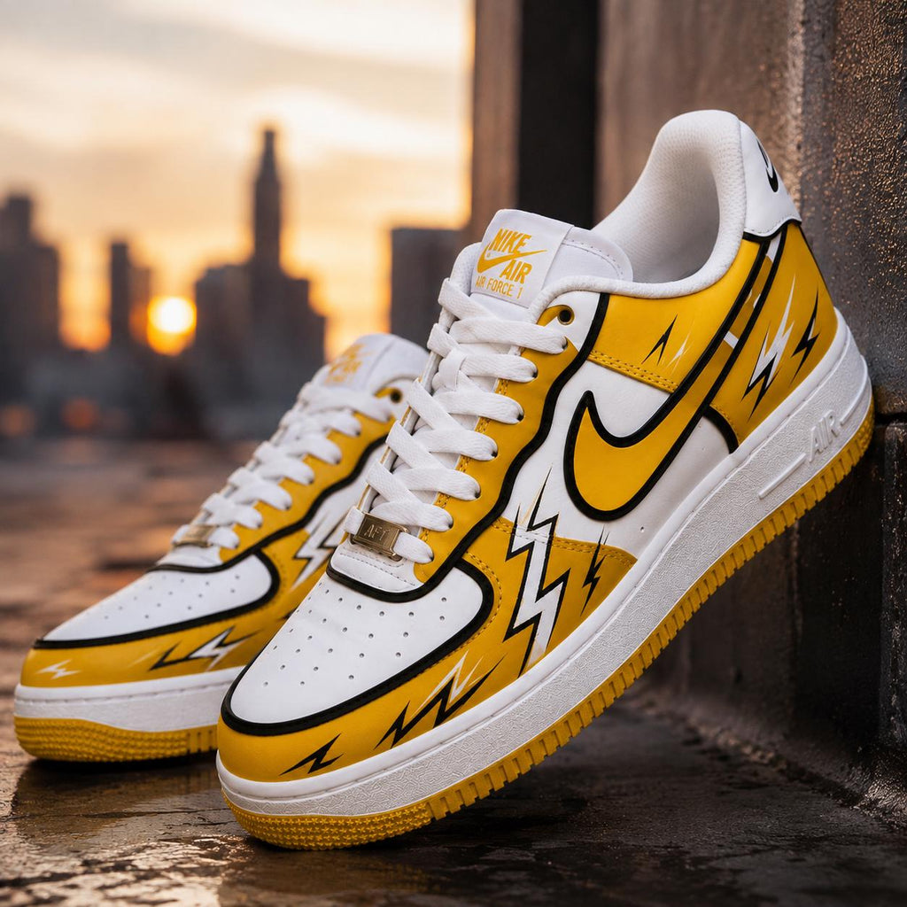 Custom White Air Force 1, Hand Painted Yellow Lightning Sneakers,Comic Cel Shading Style Streetwear Footwear,Gift For Him