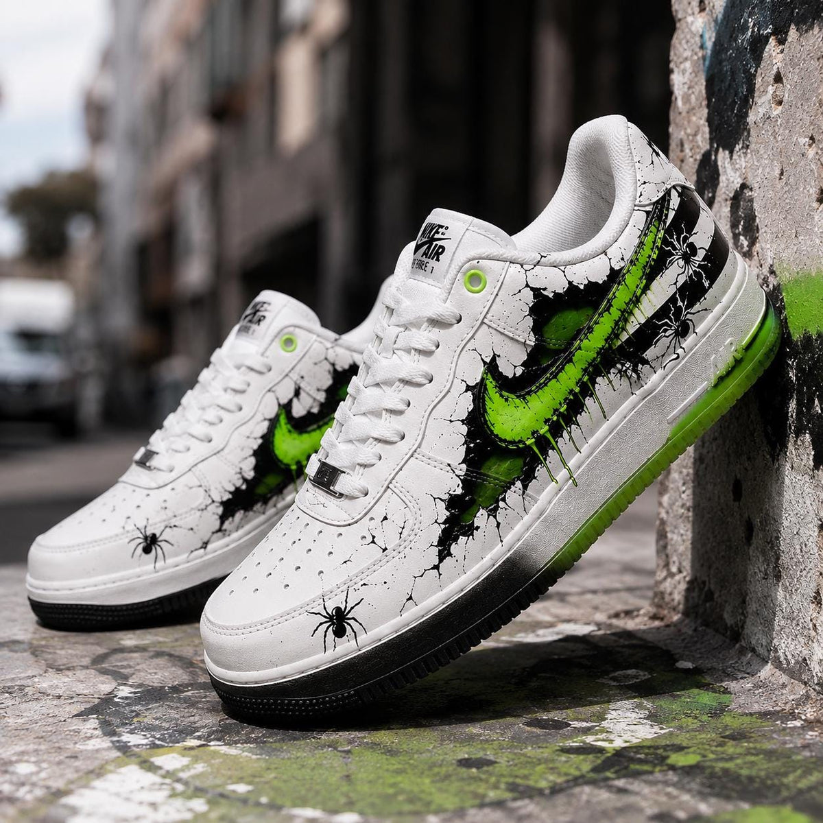 Custom White Air Force 1, Hand Painted 3D Crack Effect Shoes,Greem Streetwear Kicks Custom Design Shoes Gift For Him