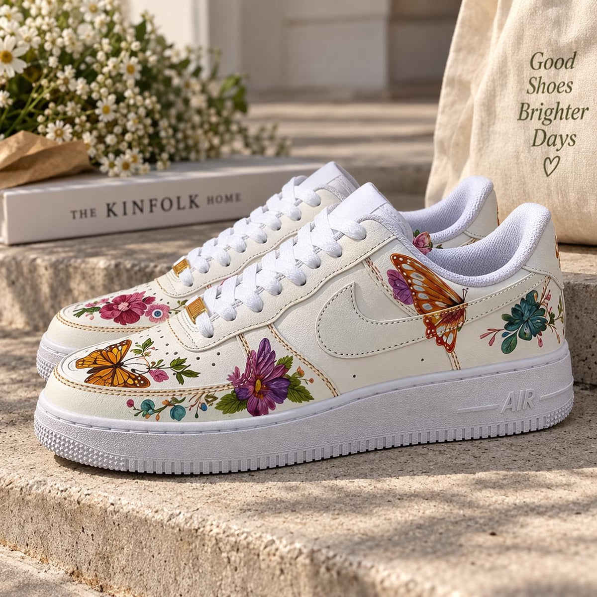 Custom White Air Force 1,Hand painted Floral With Butterfly Sneakers, Vintage Style Shoes Streetwear Gift For Her