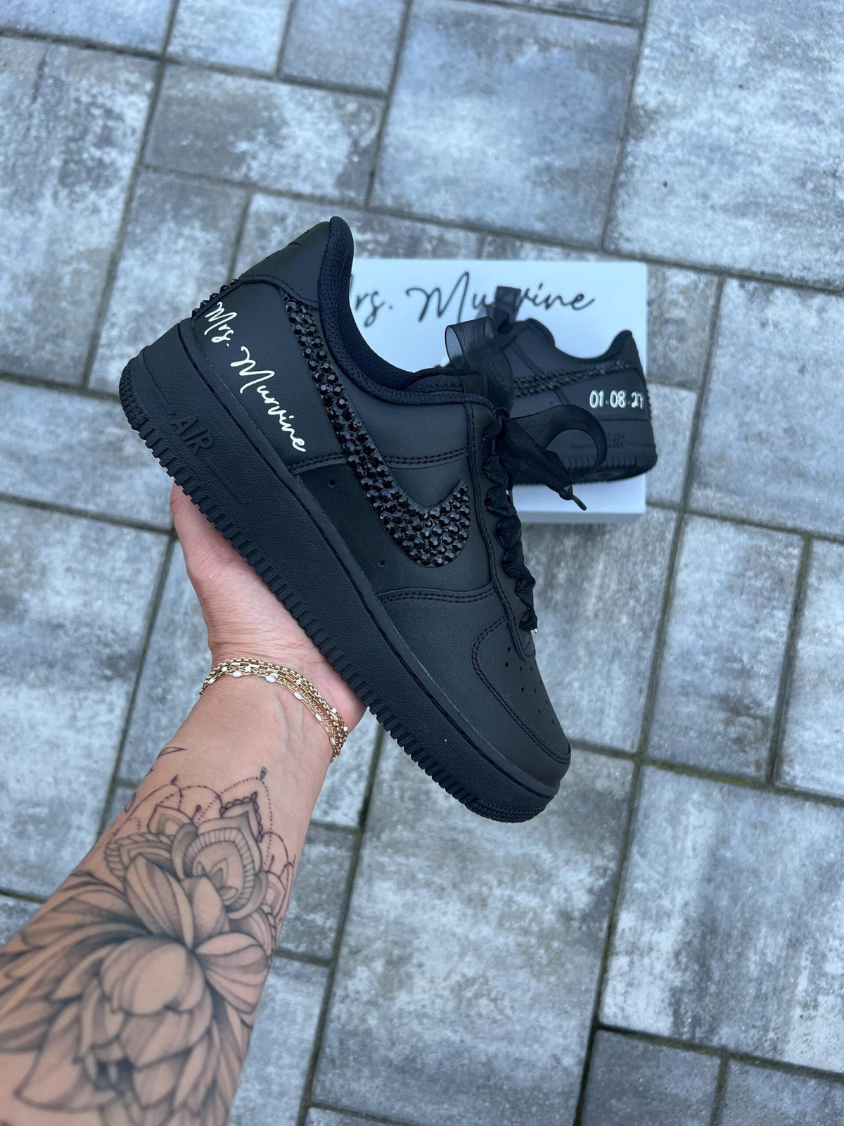 Personalized Rhinestone Bridal Sneakers – black Air Force 1 Wedding Shoes – black rhinestones