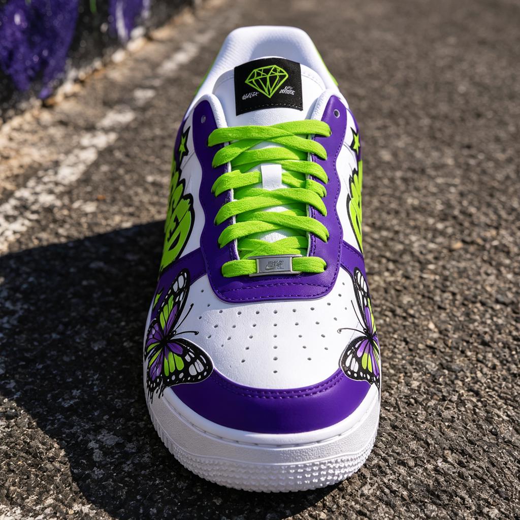 Custom Purple&Green Drip Air Force 1 ,Hand-Painted Neon Butterfly,Graffiti Style AF1 Kicks, Birthday Gift for Him