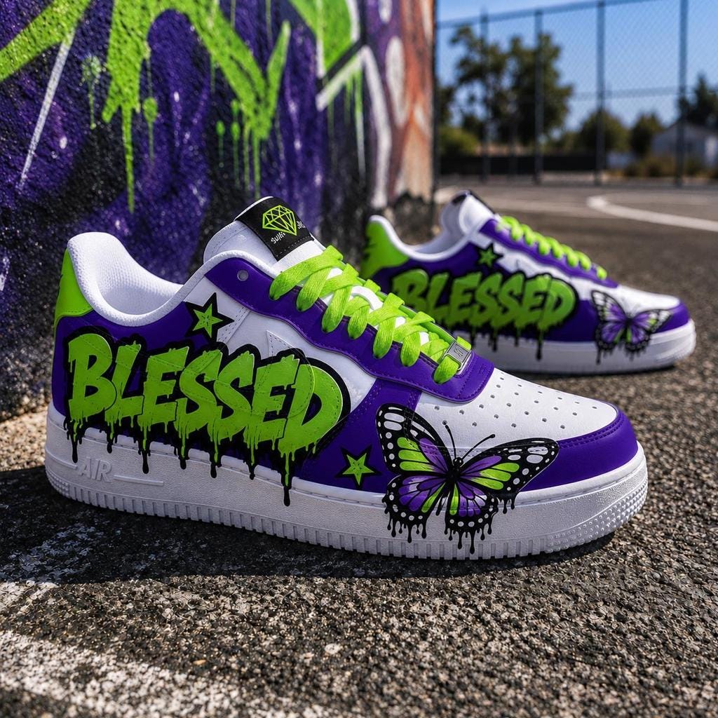 Custom Purple&Green Drip Air Force 1 ,Hand-Painted Neon Butterfly,Graffiti Style AF1 Kicks, Birthday Gift for Him