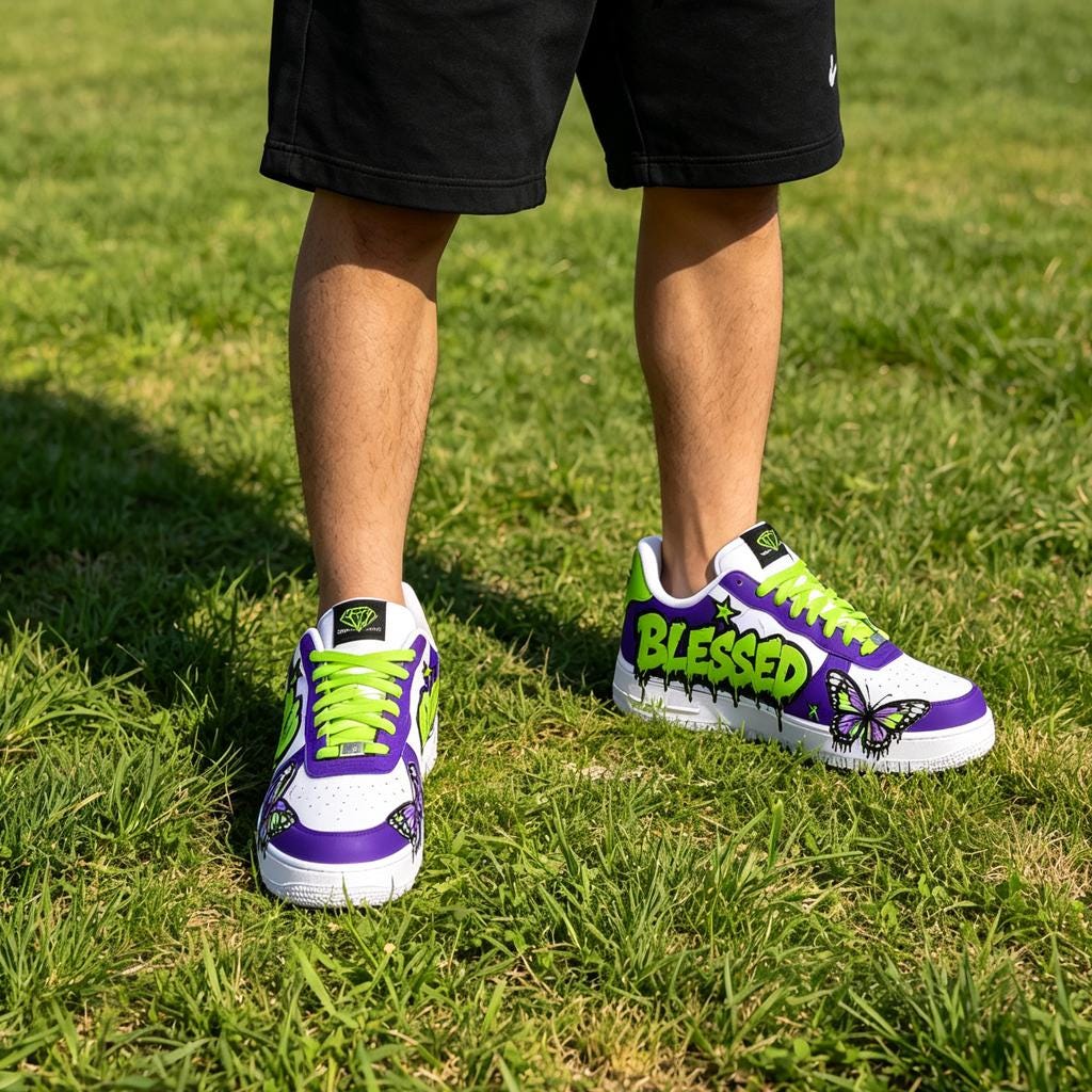 Custom Purple&Green Drip Air Force 1 ,Hand-Painted Neon Butterfly,Graffiti Style AF1 Kicks, Birthday Gift for Him
