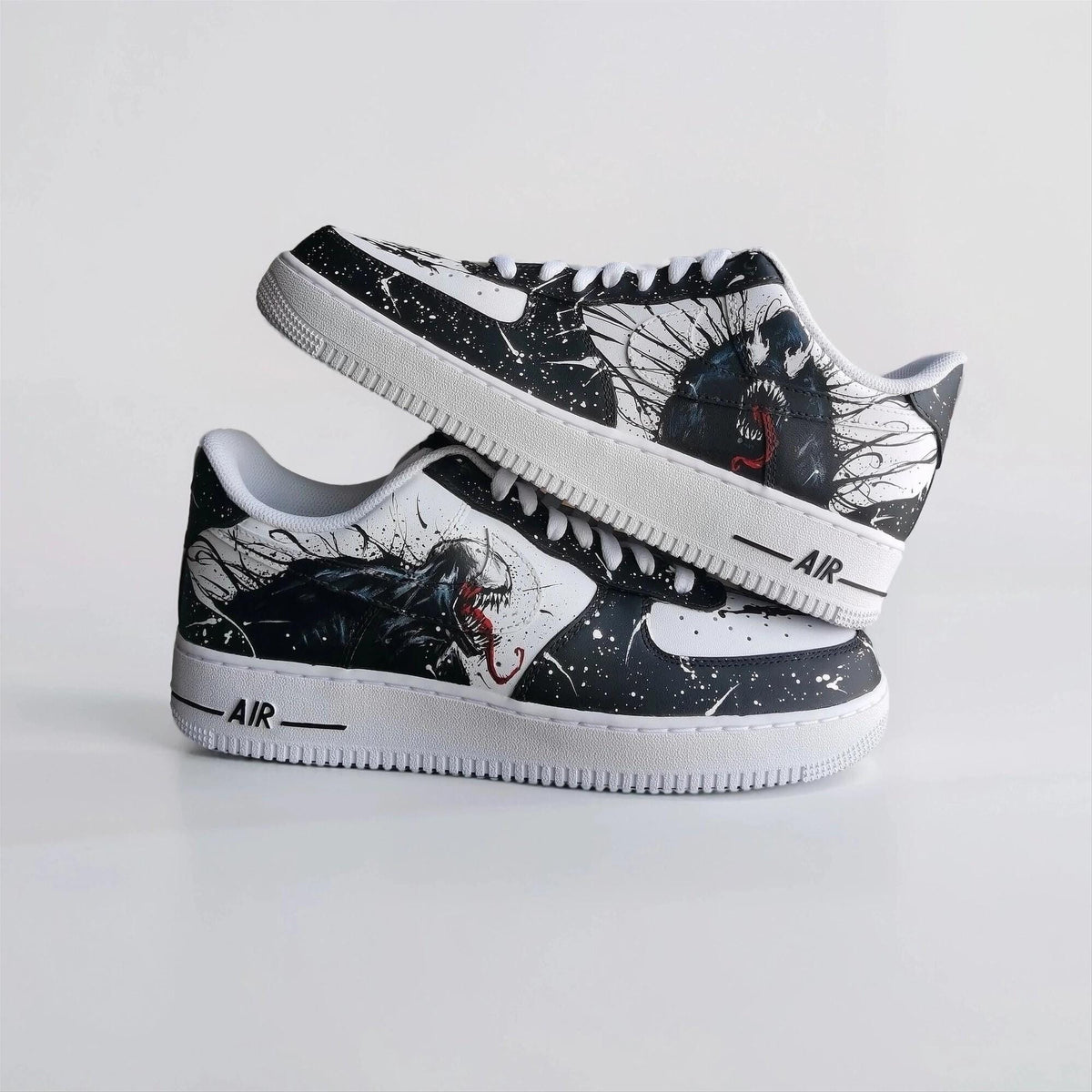 Custom Sneakers ?C White AF1 with Black Tendrils, Birthday Gift for Men, Symbiote Streetwear Shoes for Fans