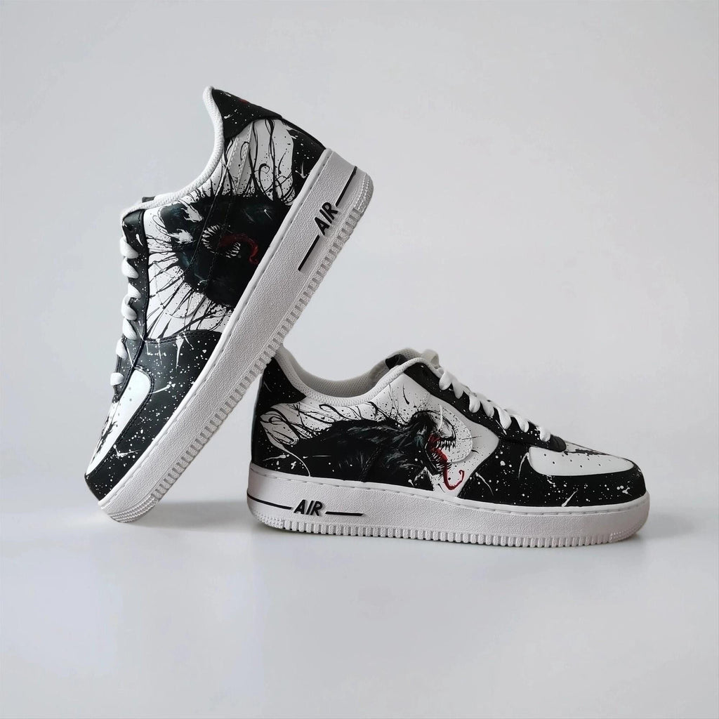 Custom Sneakers ?C White AF1 with Black Tendrils, Birthday Gift for Men, Symbiote Streetwear Shoes for Fans