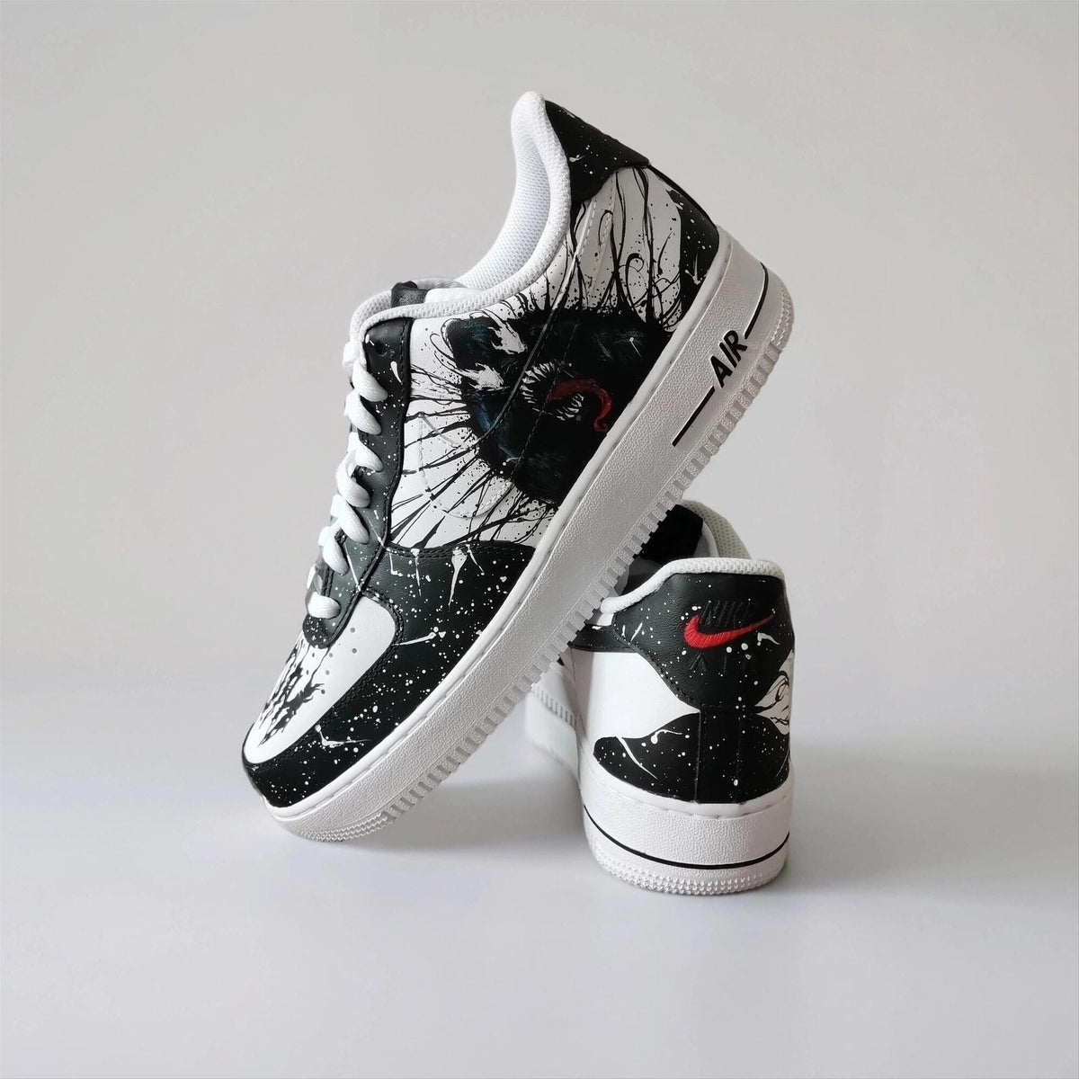 Custom Sneakers ?C White AF1 with Black Tendrils, Birthday Gift for Men, Symbiote Streetwear Shoes for Fans