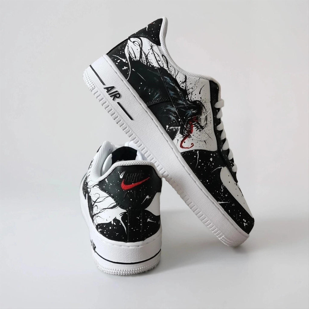Custom Sneakers ?C White AF1 with Black Tendrils, Birthday Gift for Men, Symbiote Streetwear Shoes for Fans