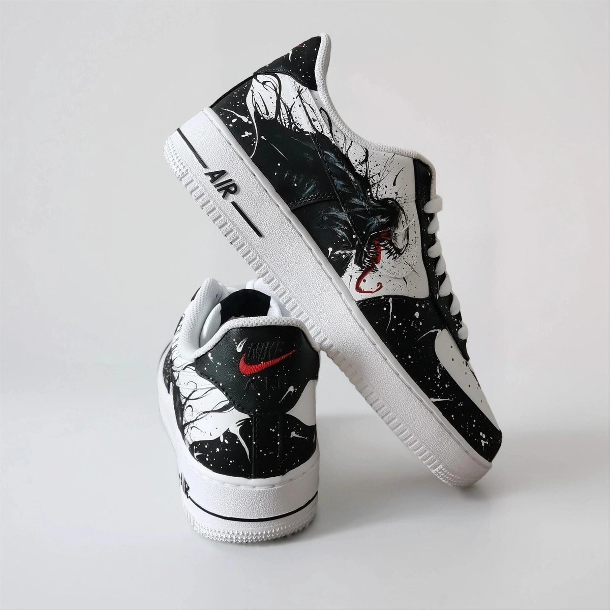 Custom Sneakers ?C White AF1 with Black Tendrils, Birthday Gift for Men, Symbiote Streetwear Shoes for Fans